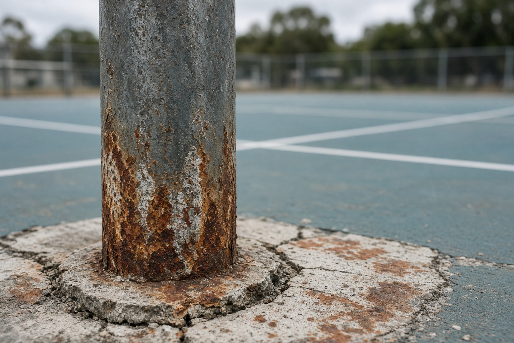 Rusted recreational court lighting pole at the base