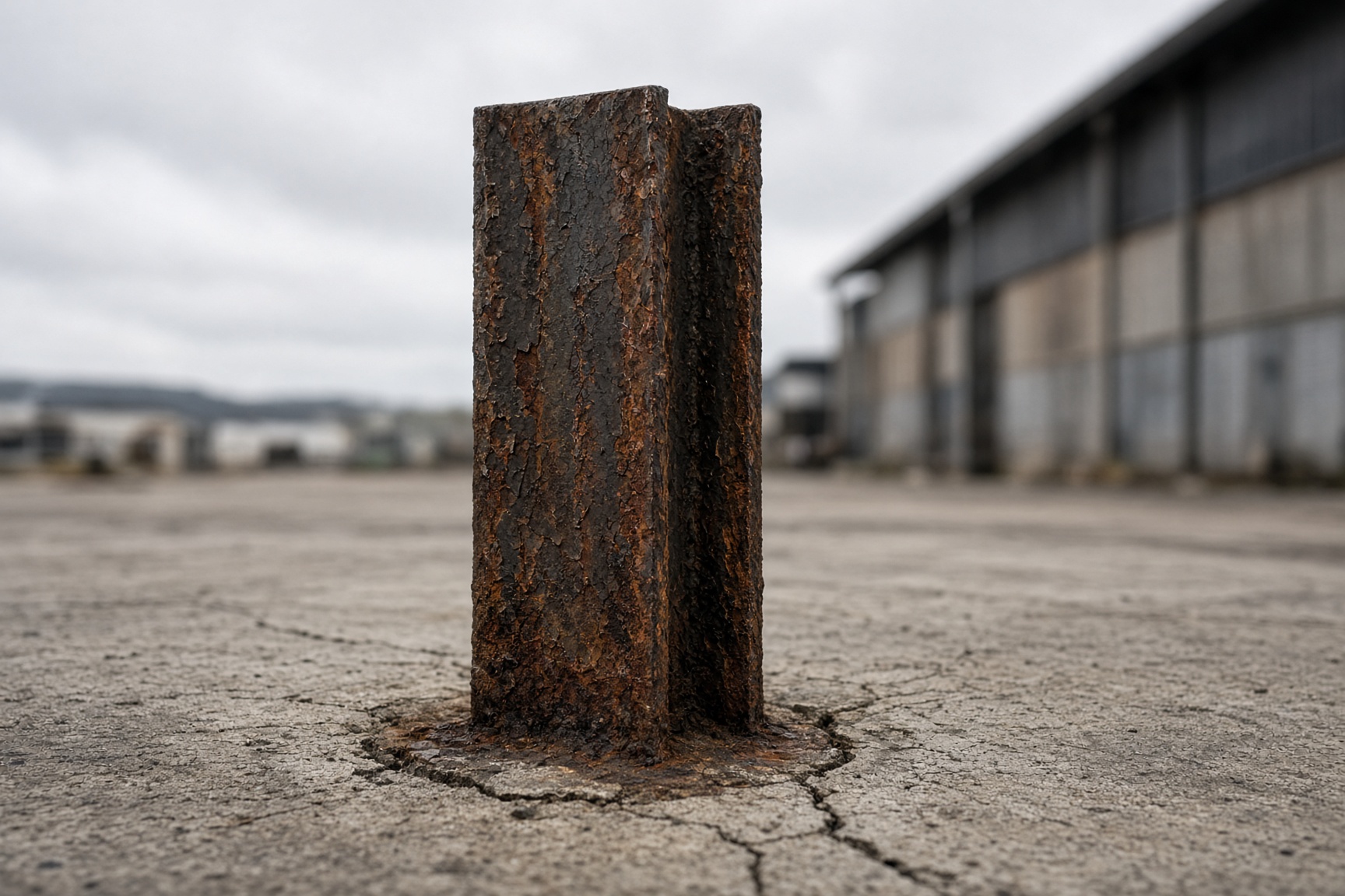 Planted steel I-beam with corrosion at the hardstand ground line