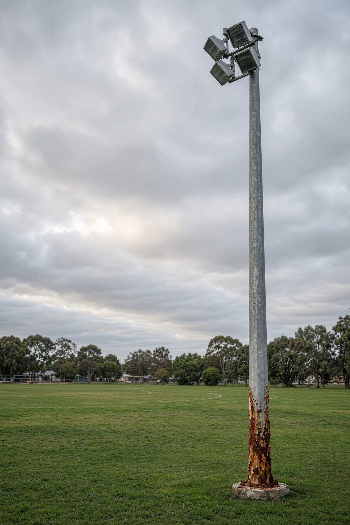 Rusted steel recreational floodlight column at the ground line