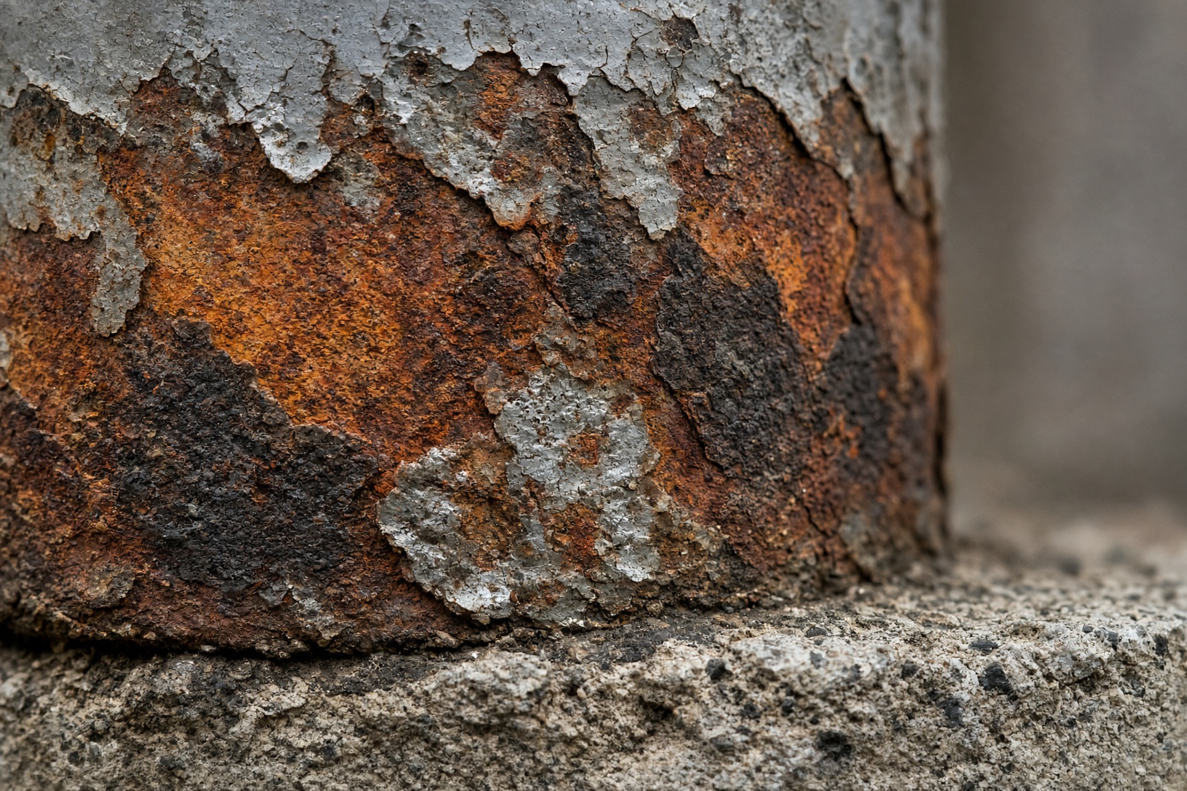 Close rust scale and peeling galvanising on planted steel
