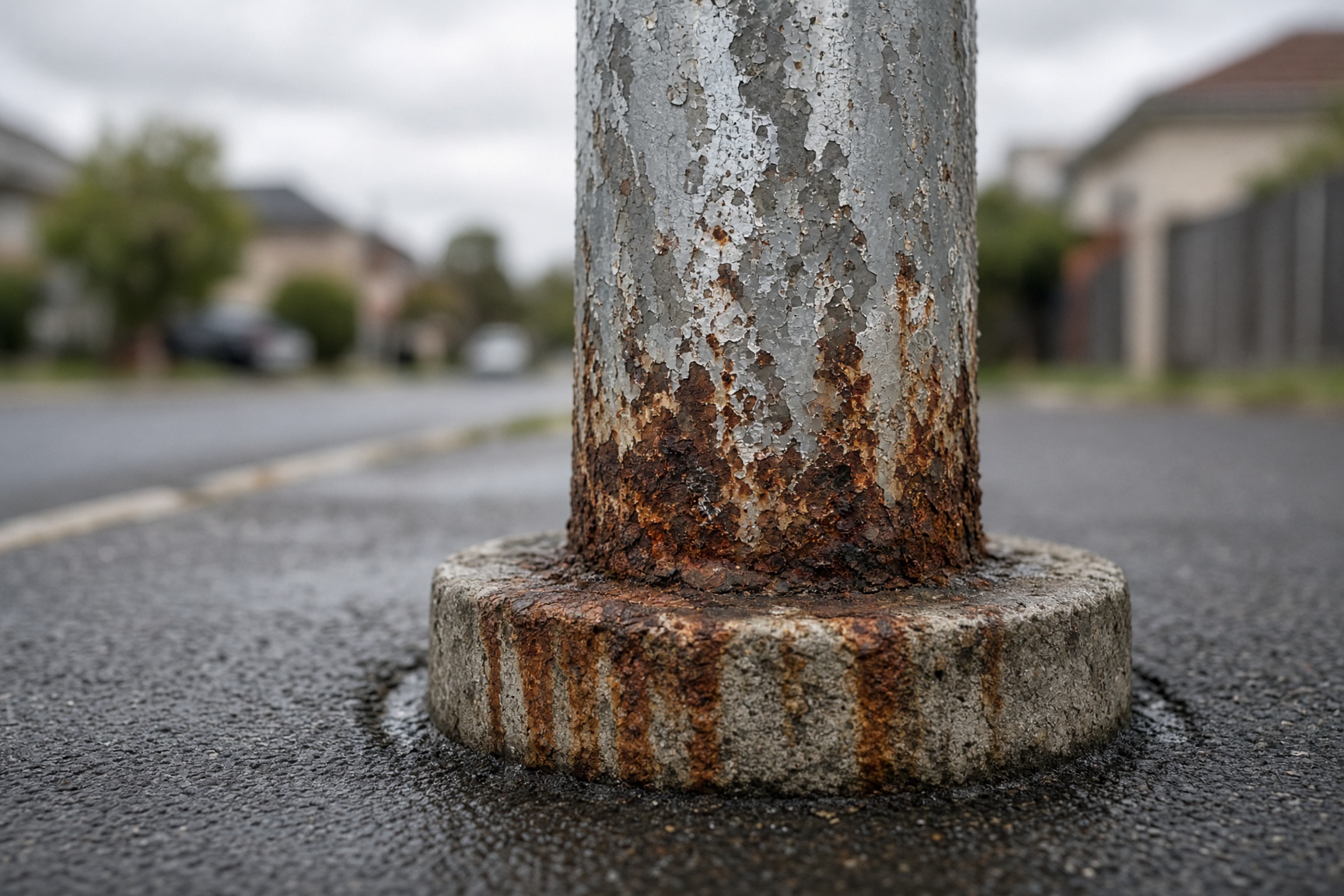 Corrosion at the ground line of a steel street lighting column