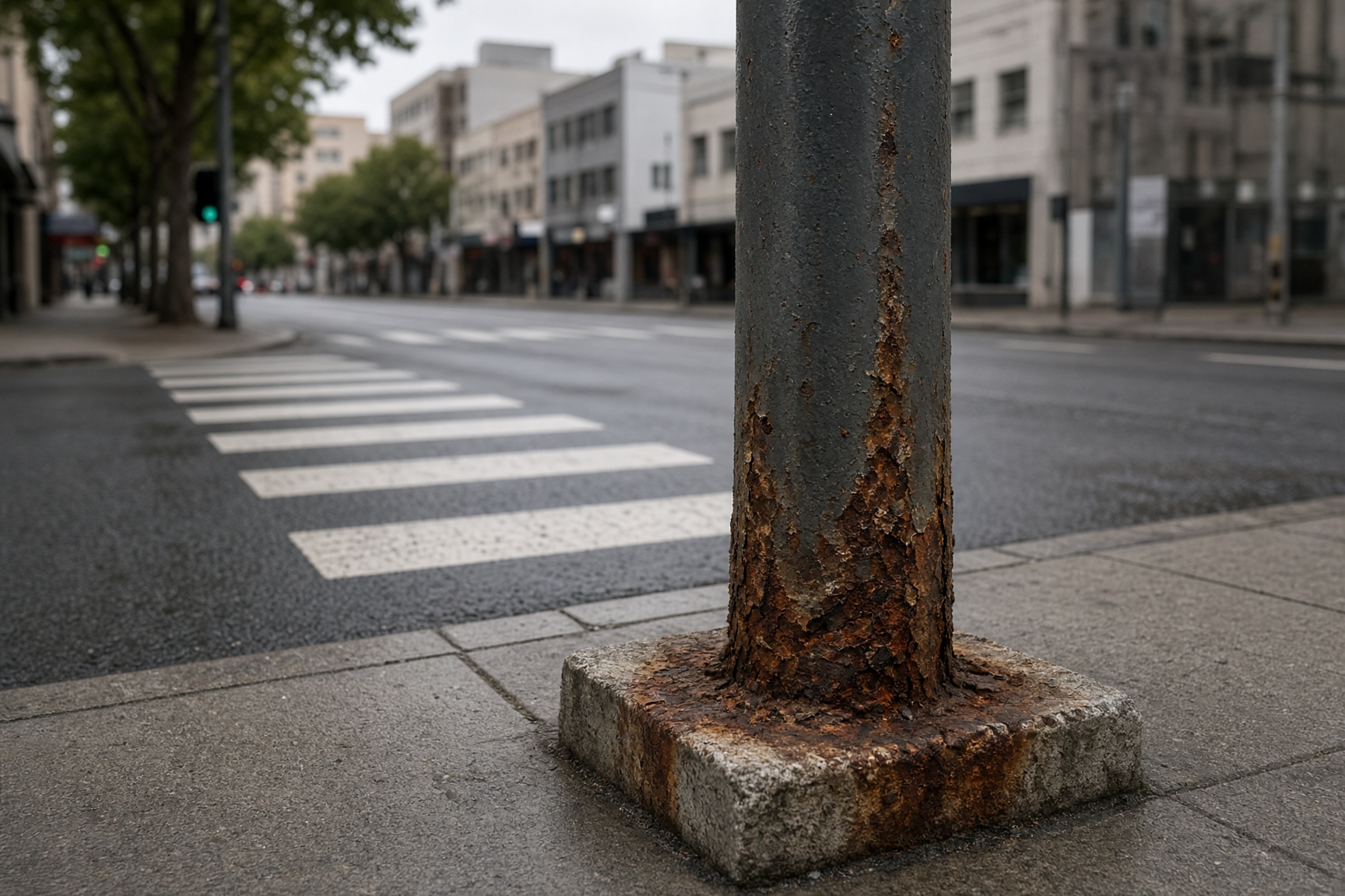 Rusted steel traffic pole at an Australian kerb